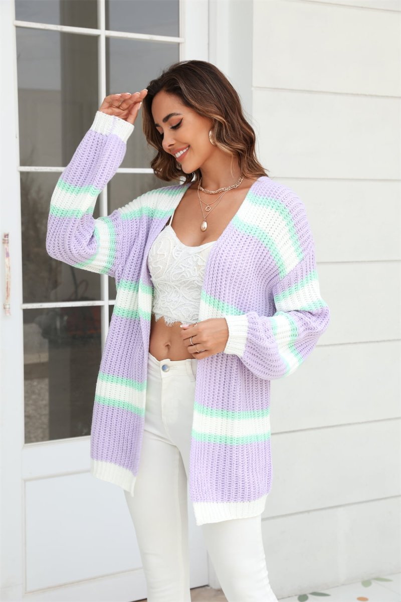 Angel Wings Color Block Ribbed Dropped Shoulder Open Front Cardigan - Outerwear