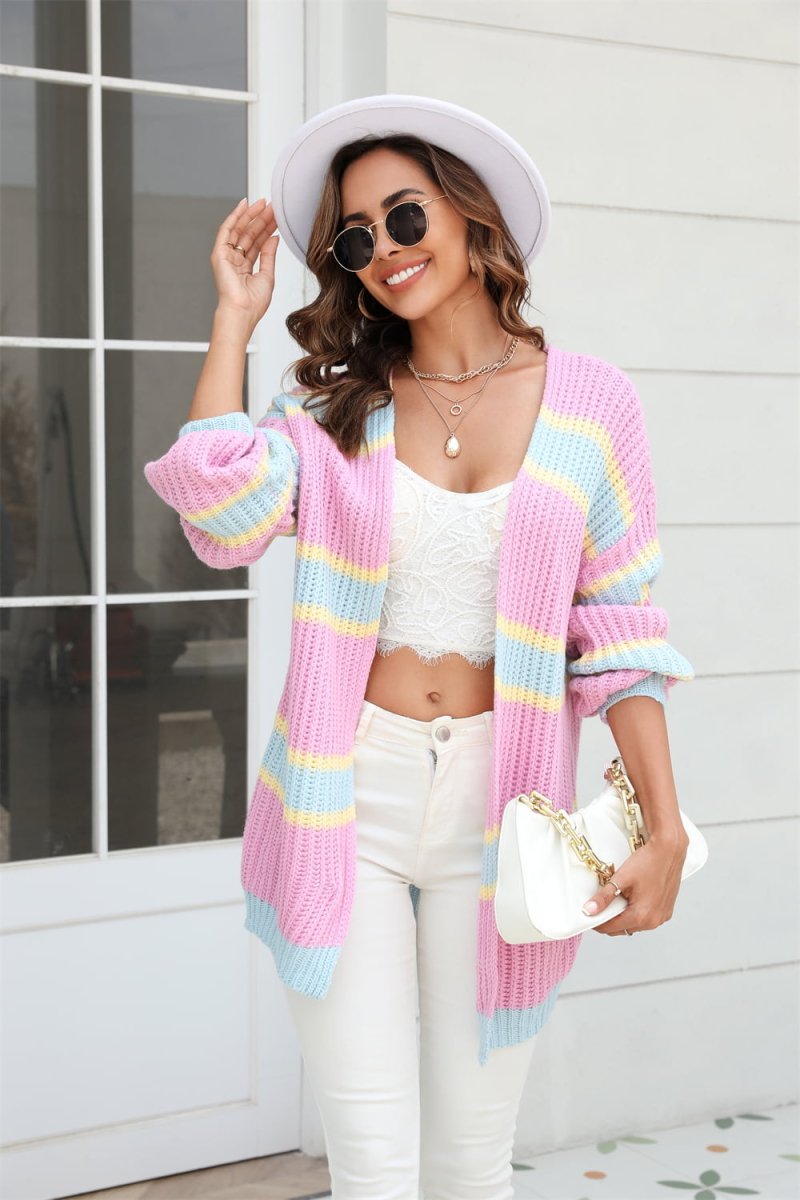 Angel Wings Color Block Ribbed Dropped Shoulder Open Front Cardigan - Outerwear