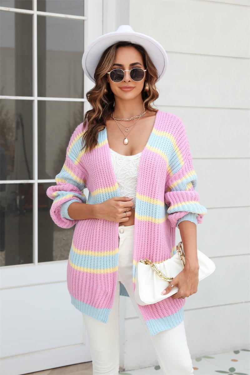 Angel Wings Color Block Ribbed Dropped Shoulder Open Front Cardigan - Outerwear