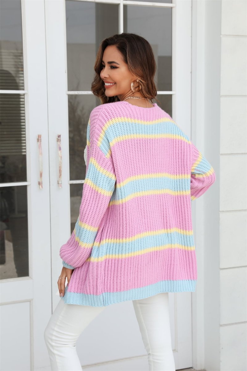 Angel Wings Color Block Ribbed Dropped Shoulder Open Front Cardigan - Outerwear