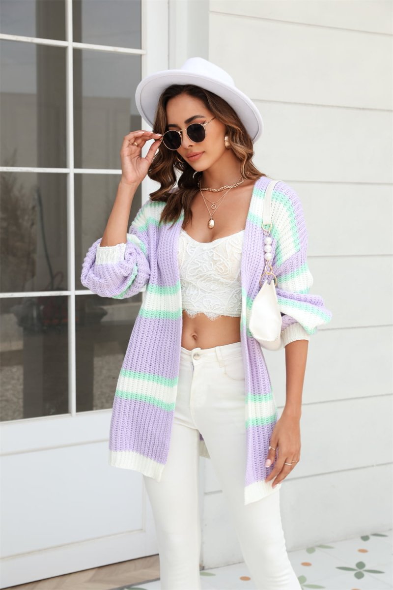 Angel Wings Color Block Ribbed Dropped Shoulder Open Front Cardigan - Outerwear