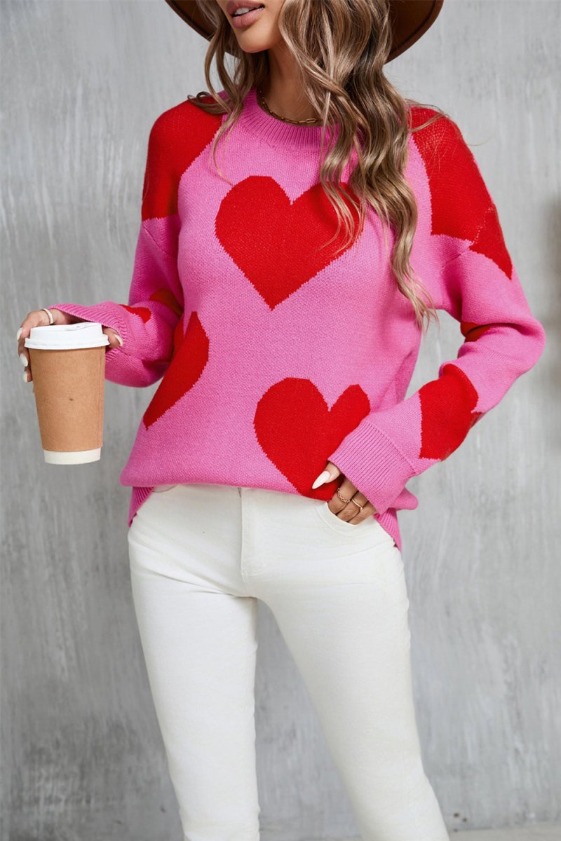 Angel Wings Contrast Heart Dropped Shoulder Long Sleeve Sweater - Outerwear