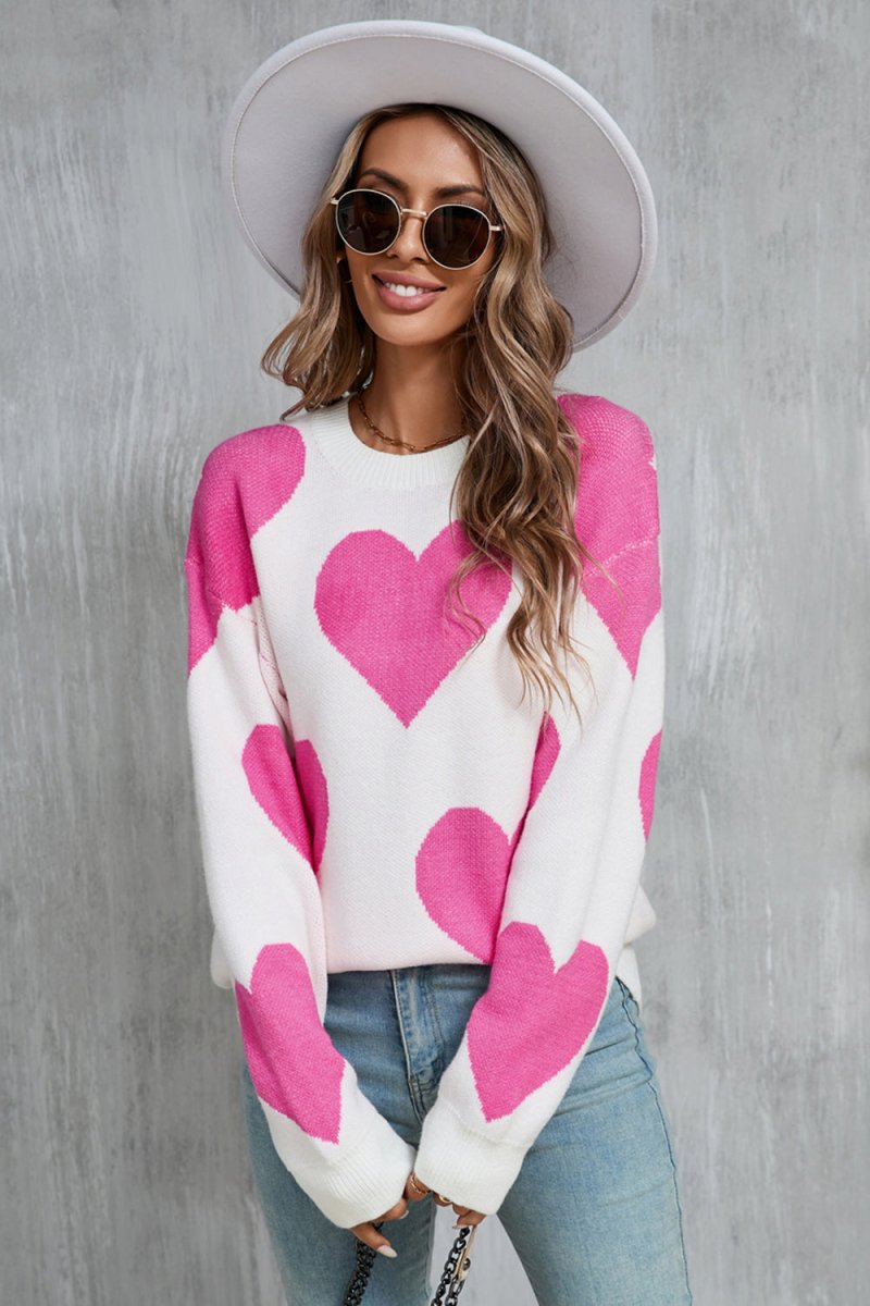Angel Wings Contrast Heart Dropped Shoulder Long Sleeve Sweater - Outerwear