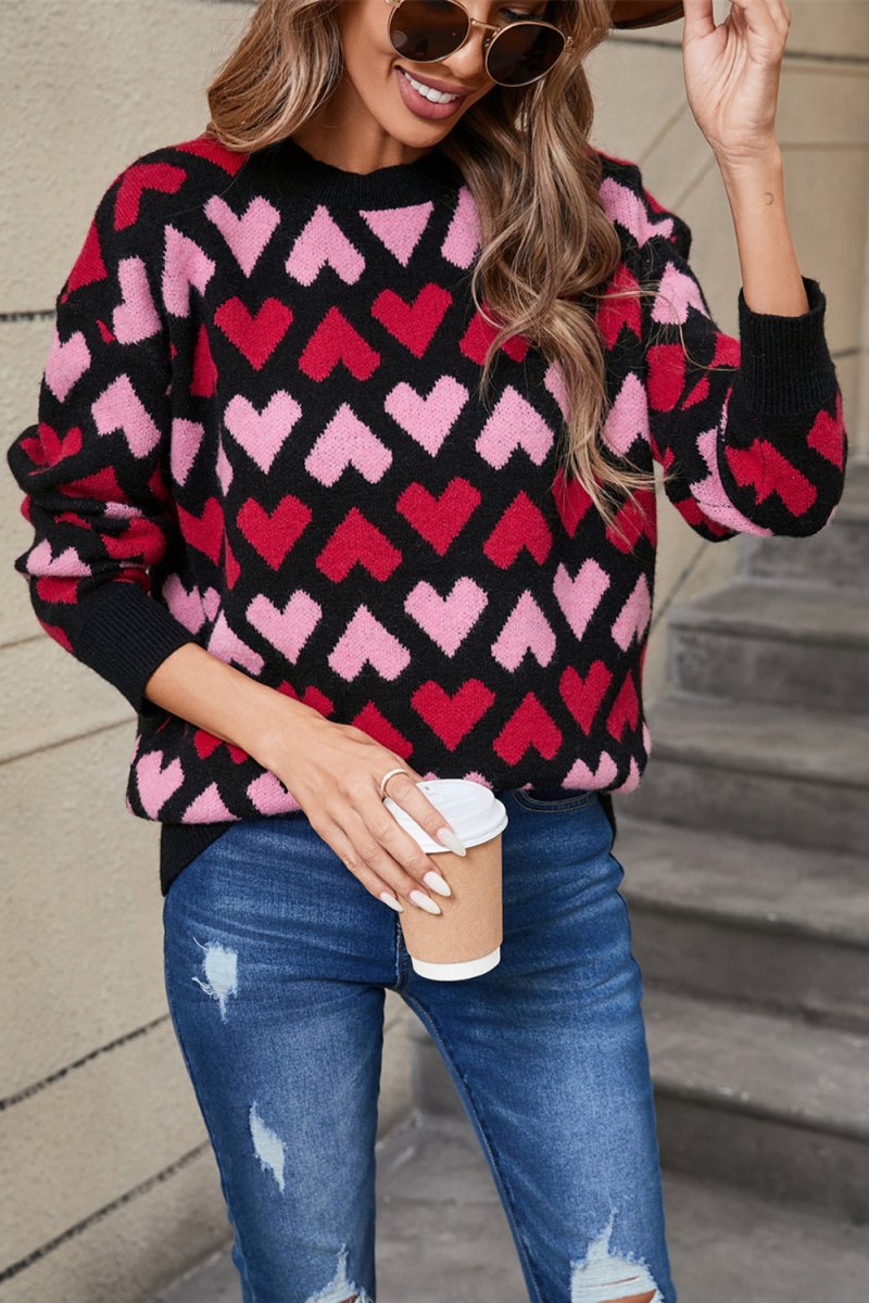 Angel Wings Contrast Heart Round Neck Sweater - Outerwear