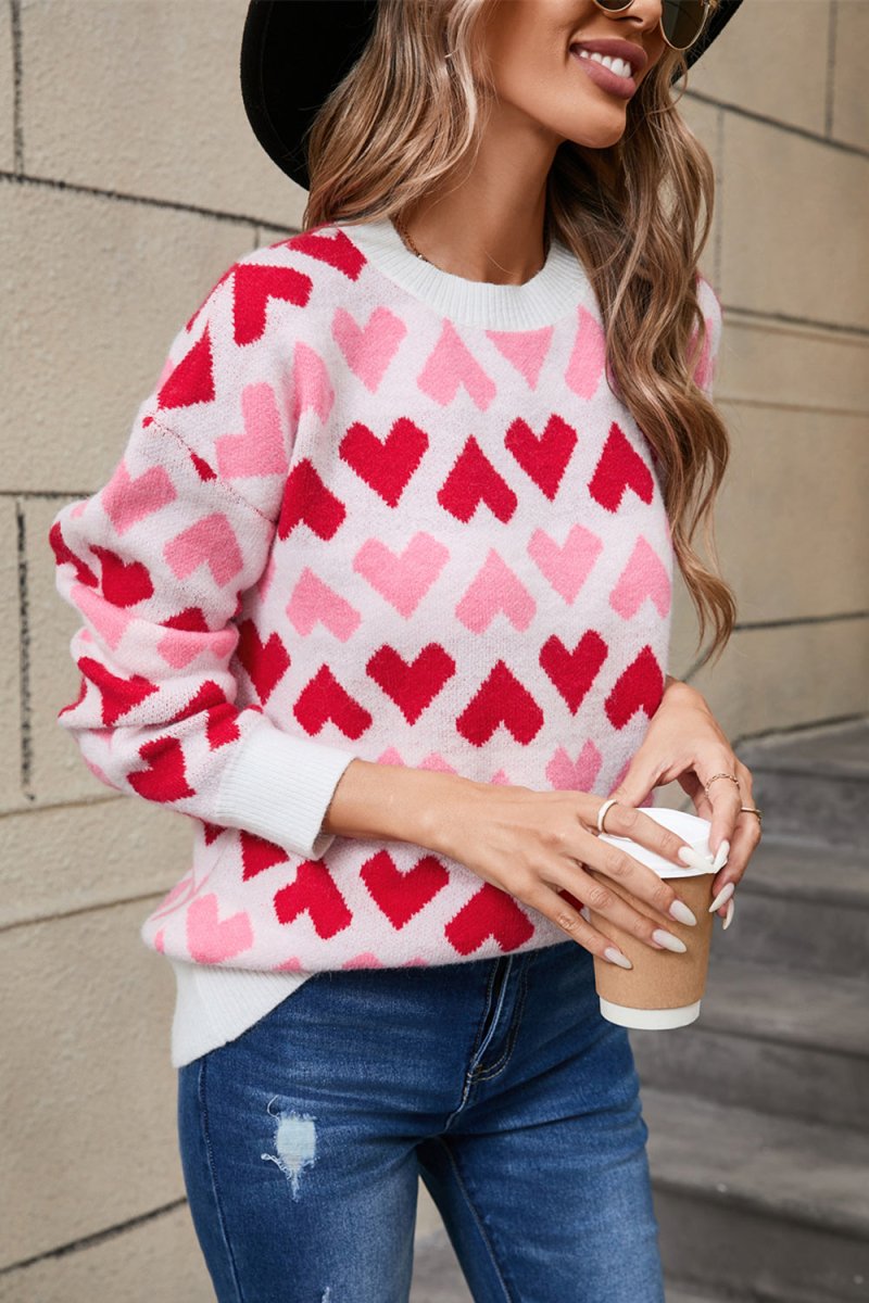 Angel Wings Contrast Heart Round Neck Sweater - Outerwear