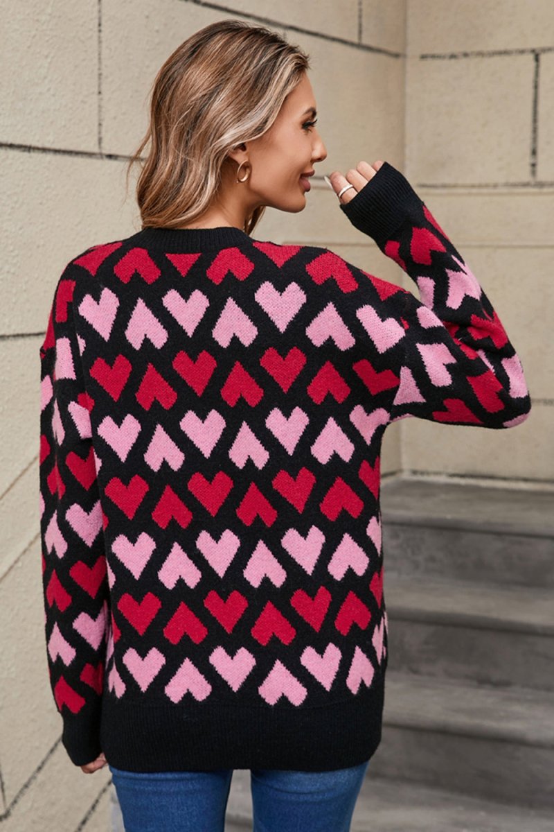 Angel Wings Contrast Heart Round Neck Sweater - Outerwear