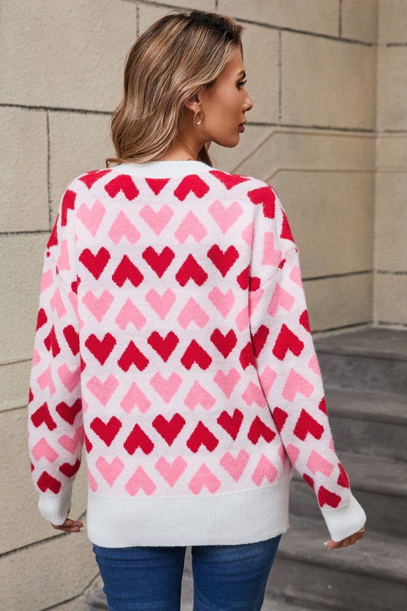 Angel Wings Contrast Heart Round Neck Sweater - Outerwear