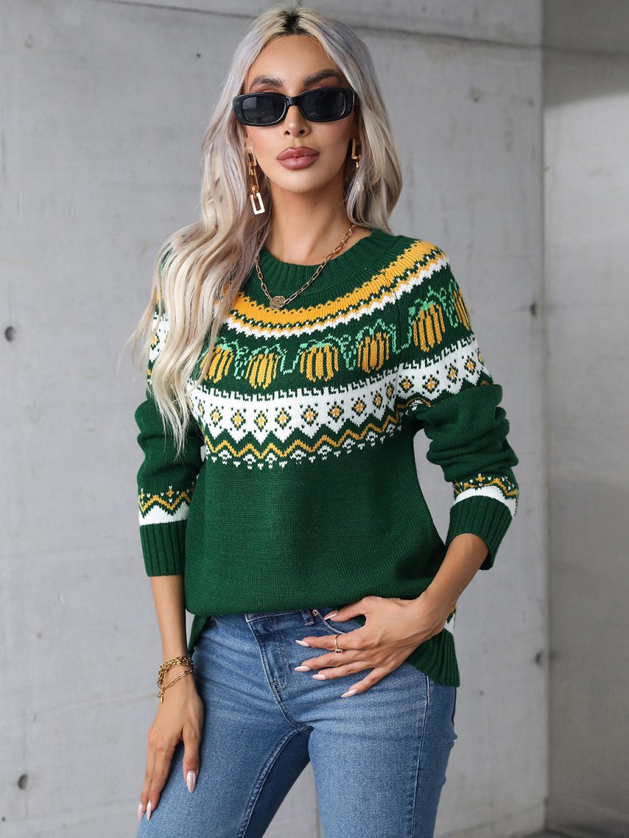 Angel Wings Geometric Round Neck Long Sleeve Sweater - Outerwear