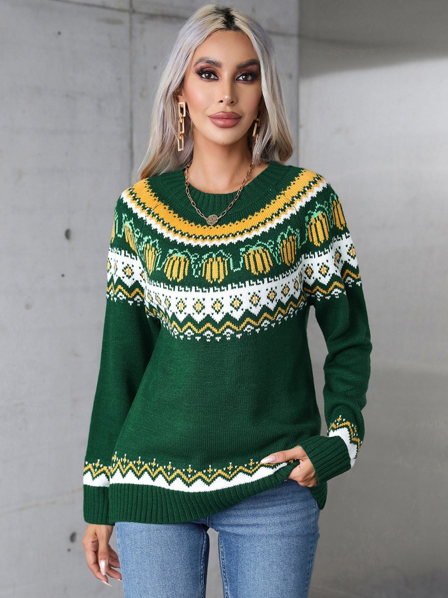 Angel Wings Geometric Round Neck Long Sleeve Sweater - Outerwear