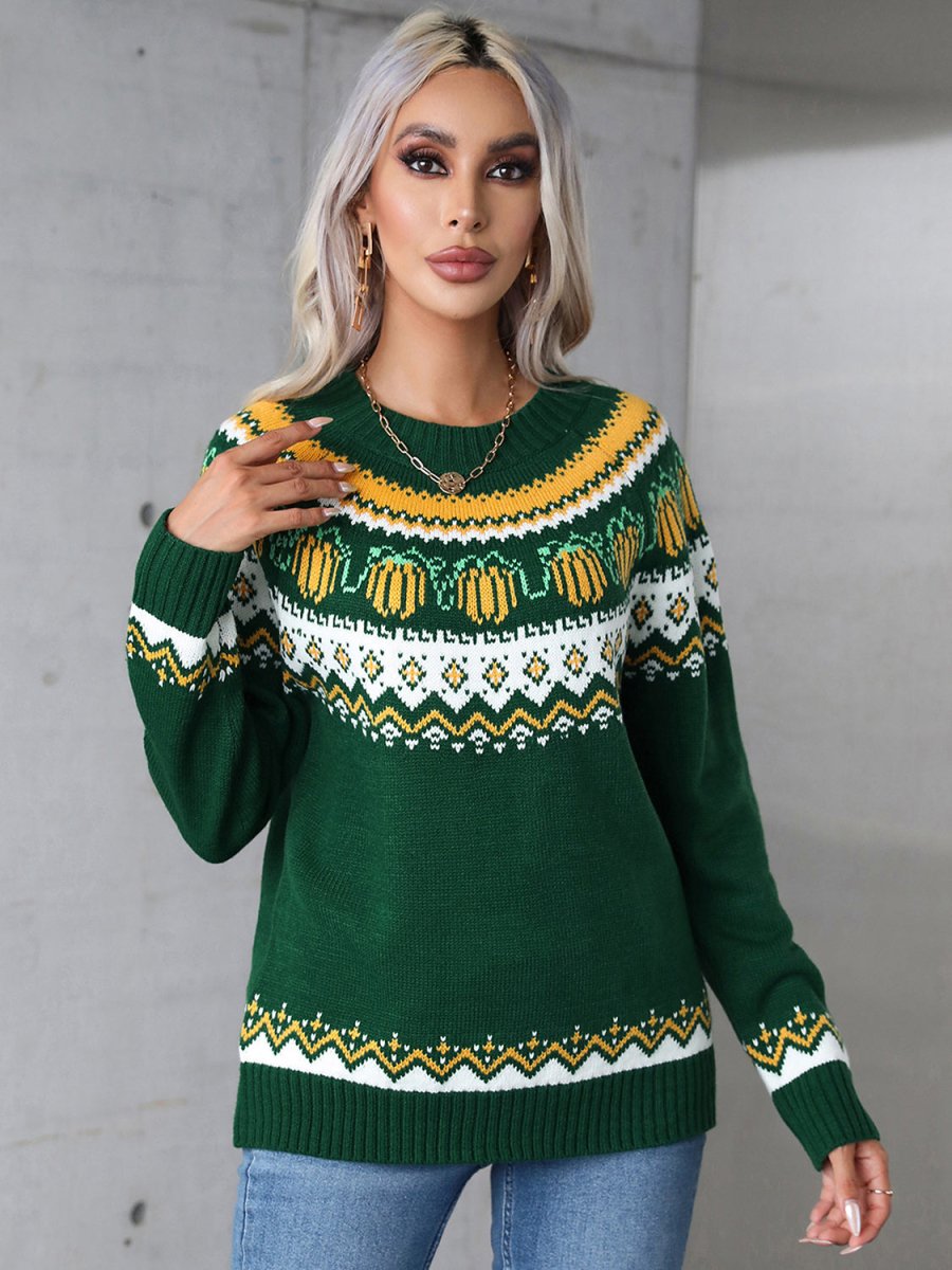 Angel Wings Geometric Round Neck Long Sleeve Sweater - Outerwear