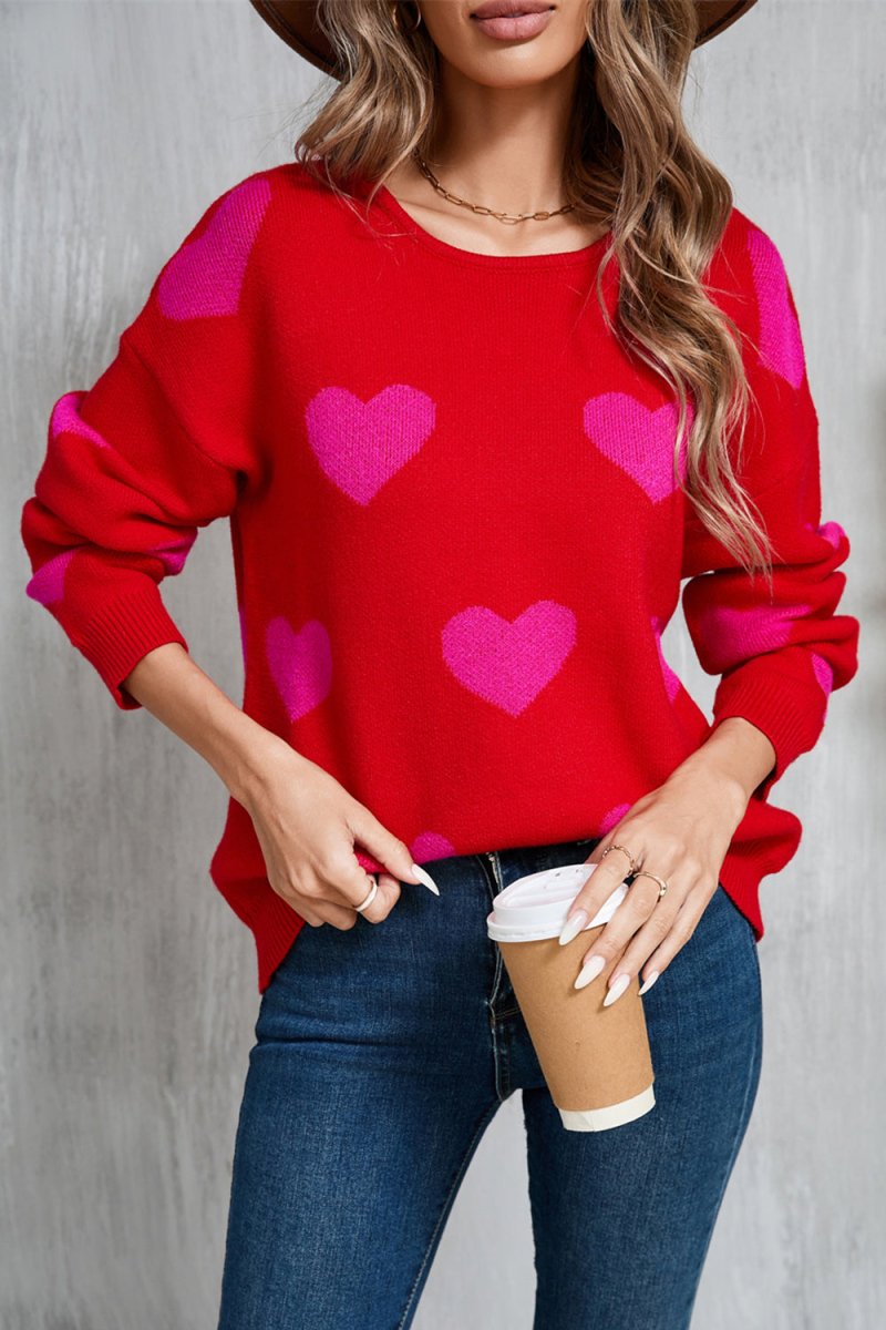 Angel Wings Heart Round Neck Dropped Shoulder Sweater - Outerwear