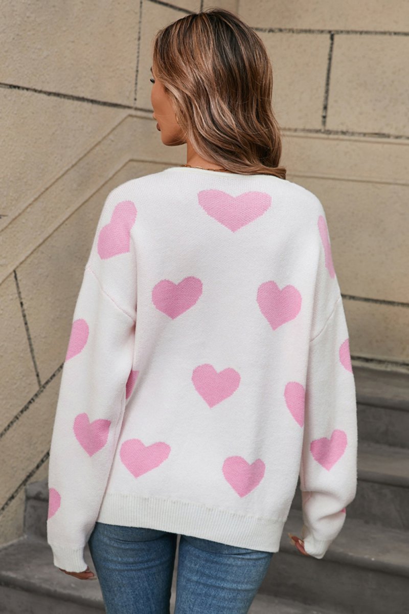 Angel Wings Heart Round Neck Dropped Shoulder Sweater - Outerwear