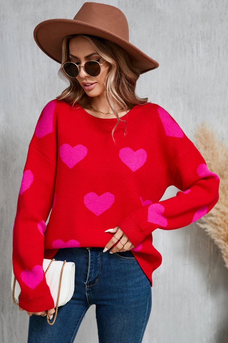 Angel Wings Heart Round Neck Dropped Shoulder Sweater - Outerwear