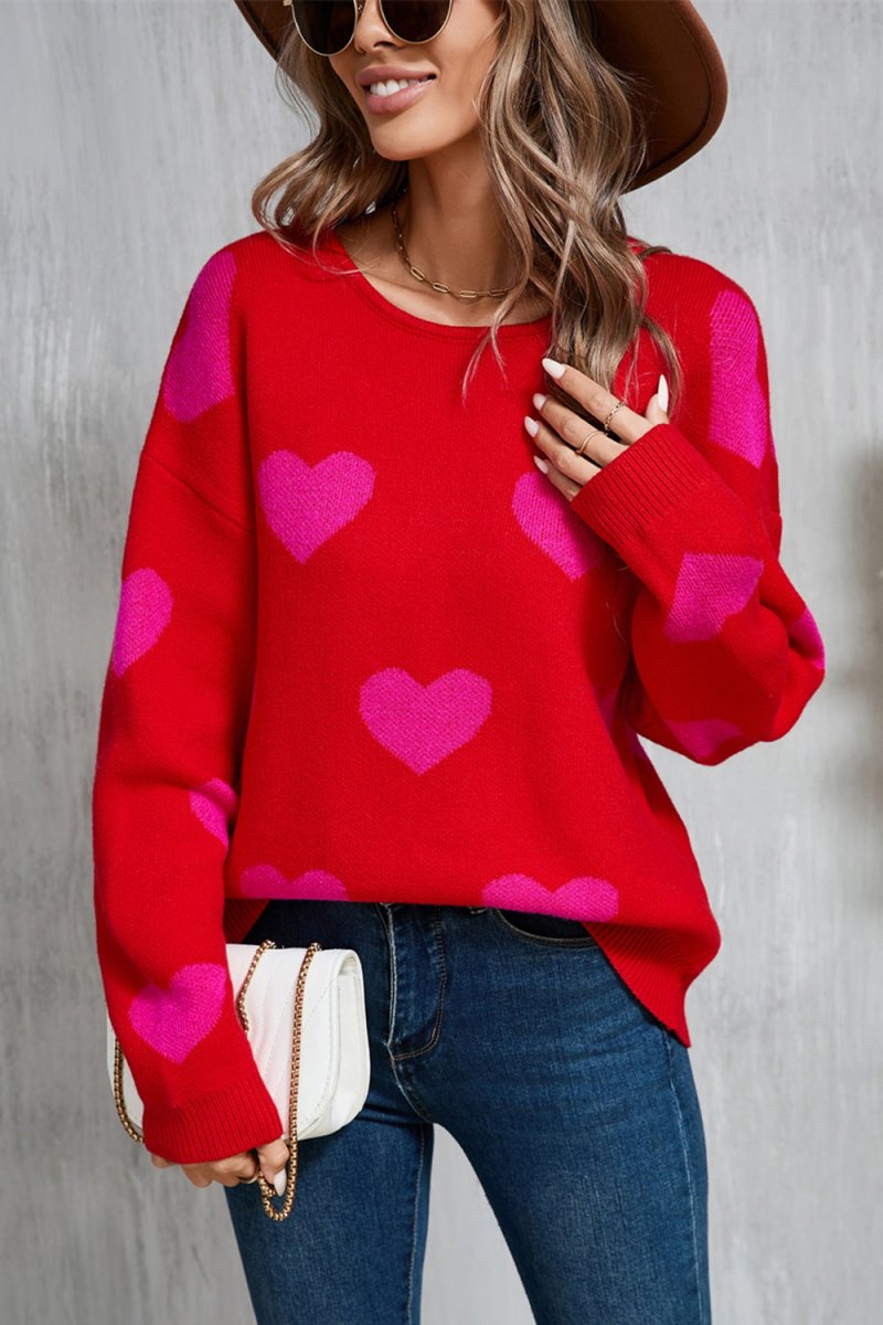 Angel Wings Heart Round Neck Dropped Shoulder Sweater - Outerwear