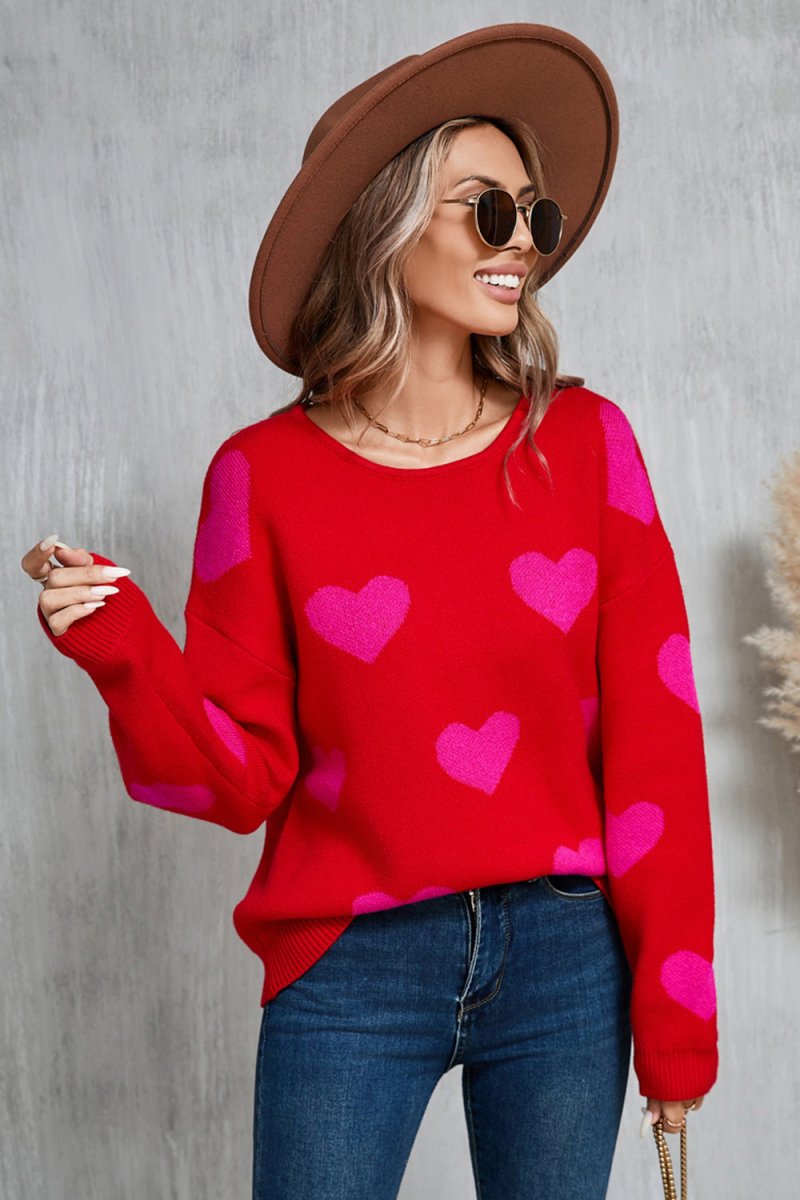 Angel Wings Heart Round Neck Dropped Shoulder Sweater - Outerwear