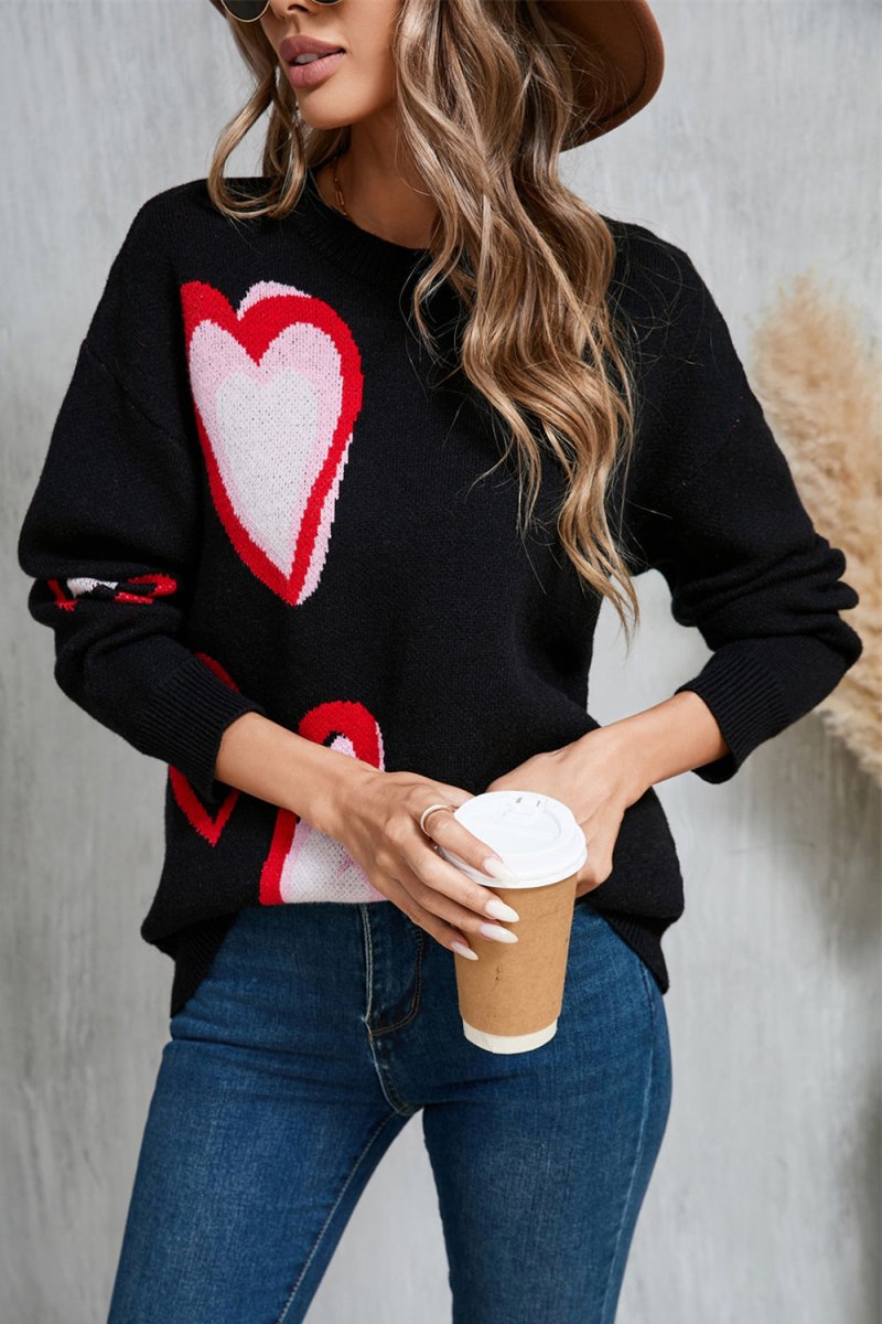 Angel Wings Heart Round Neck Long Sleeve Sweater - Outerwear