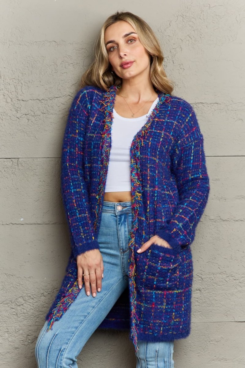 Angel Wings Plaid Fringe Trim Open Front Longline Cardigan - Outerwear