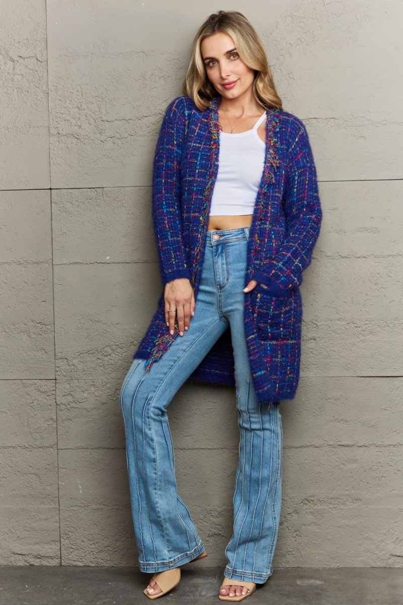 Angel Wings Plaid Fringe Trim Open Front Longline Cardigan - Outerwear