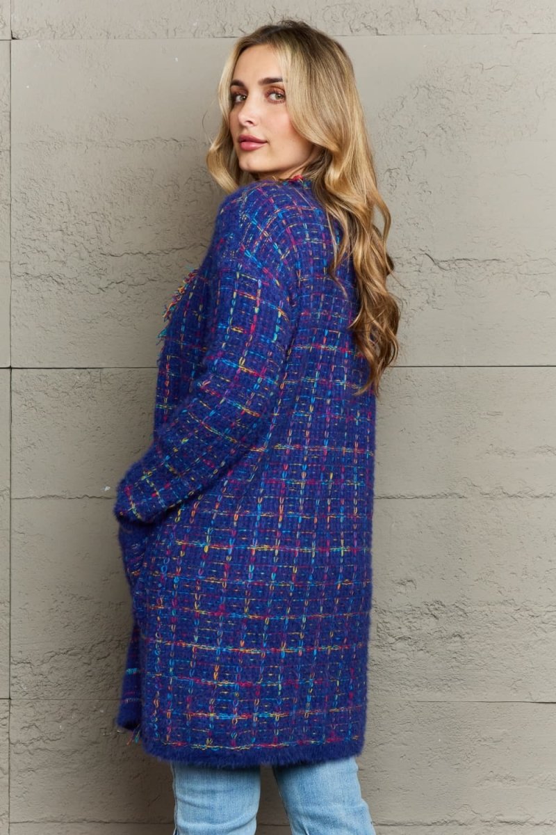 Angel Wings Plaid Fringe Trim Open Front Longline Cardigan - Outerwear