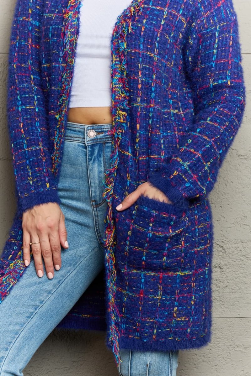 Angel Wings Plaid Fringe Trim Open Front Longline Cardigan - Outerwear