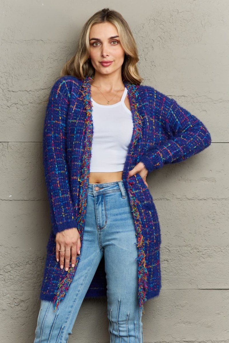 Angel Wings Plaid Fringe Trim Open Front Longline Cardigan - Outerwear