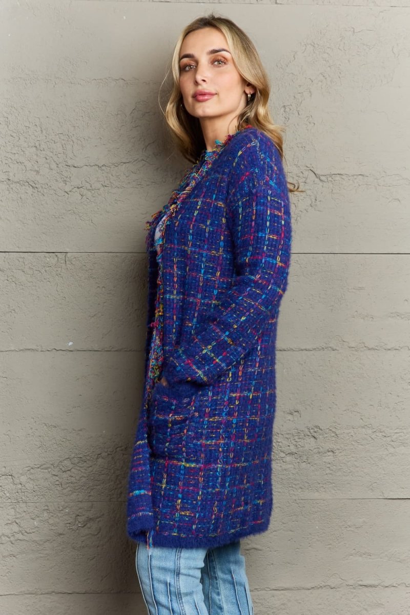 Angel Wings Plaid Fringe Trim Open Front Longline Cardigan - Outerwear