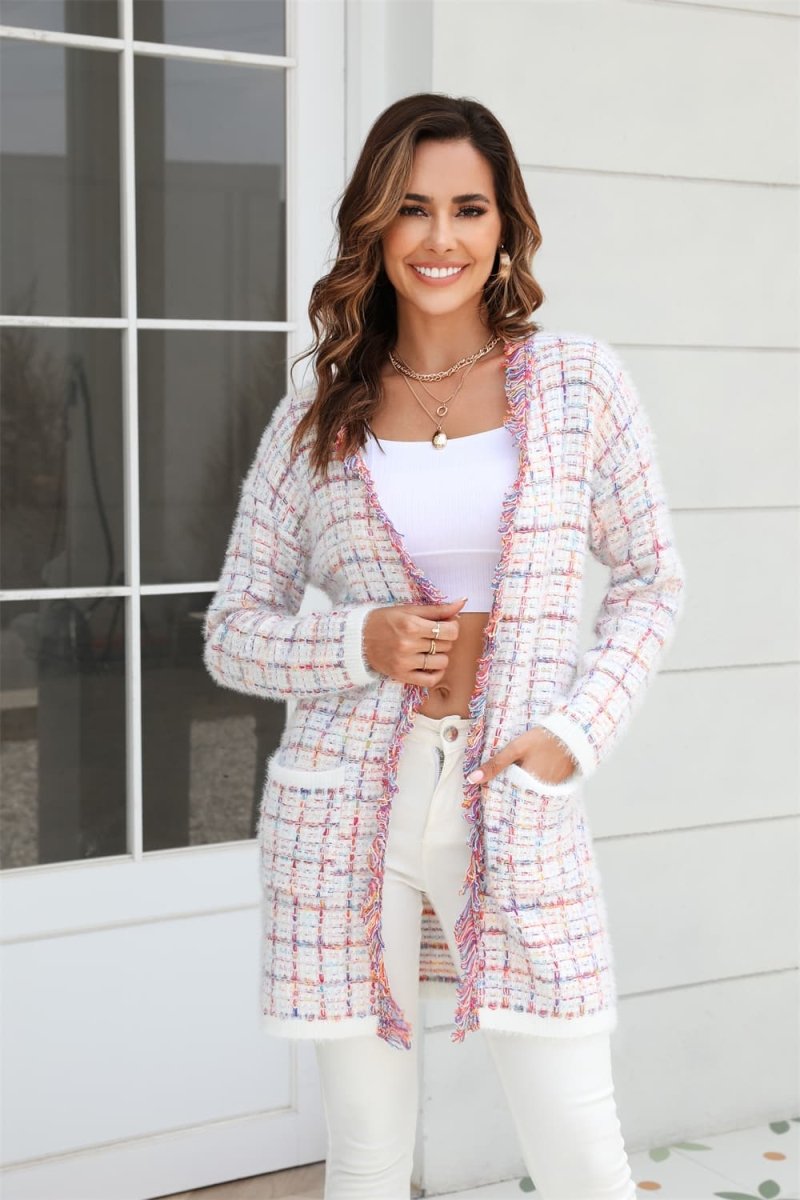 Angel Wings Plaid Fringe Trim Open Front Longline Cardigan - Outerwear