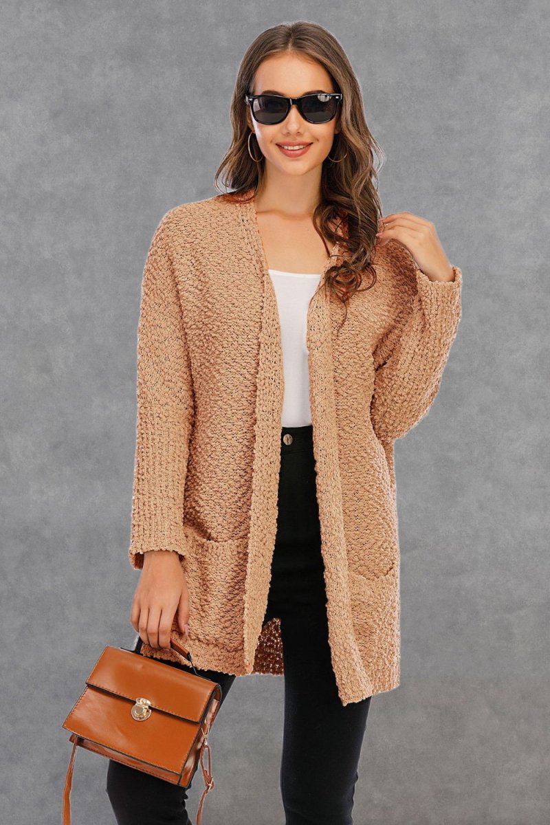 Angel Wings Pocketed Open Front Long Sleeve Cardigan - Outerwear