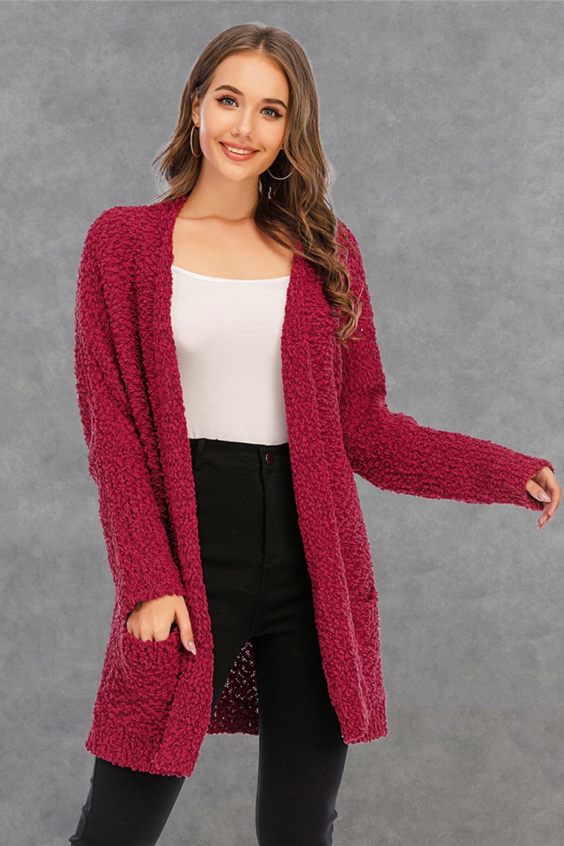 Angel Wings Pocketed Open Front Long Sleeve Cardigan - Outerwear