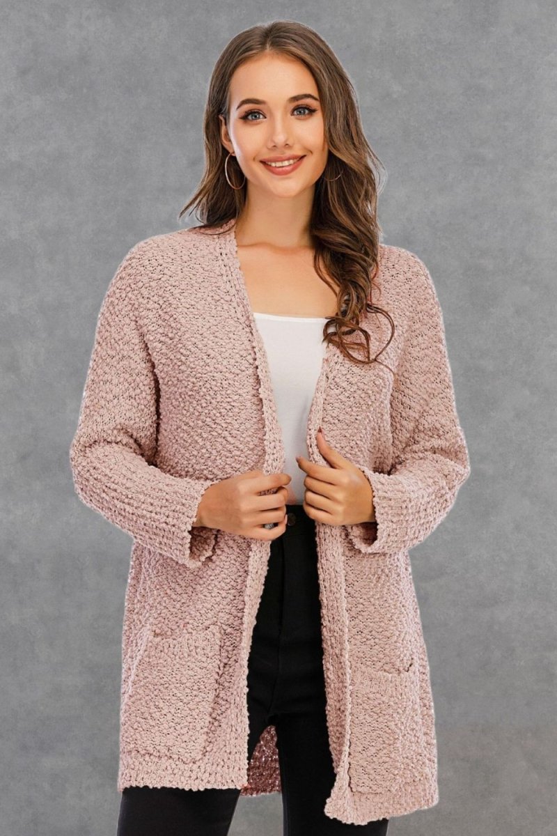 Angel Wings Pocketed Open Front Long Sleeve Cardigan - Outerwear