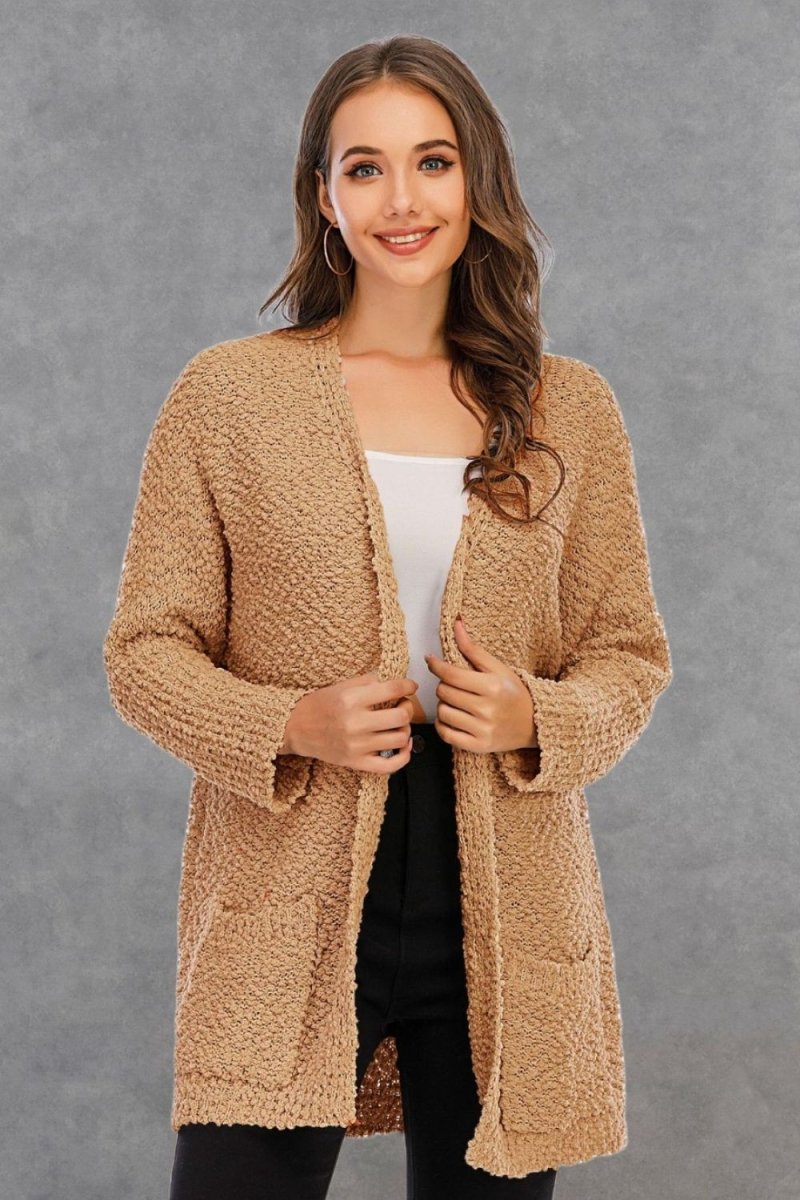 Angel Wings Pocketed Open Front Long Sleeve Cardigan - Outerwear