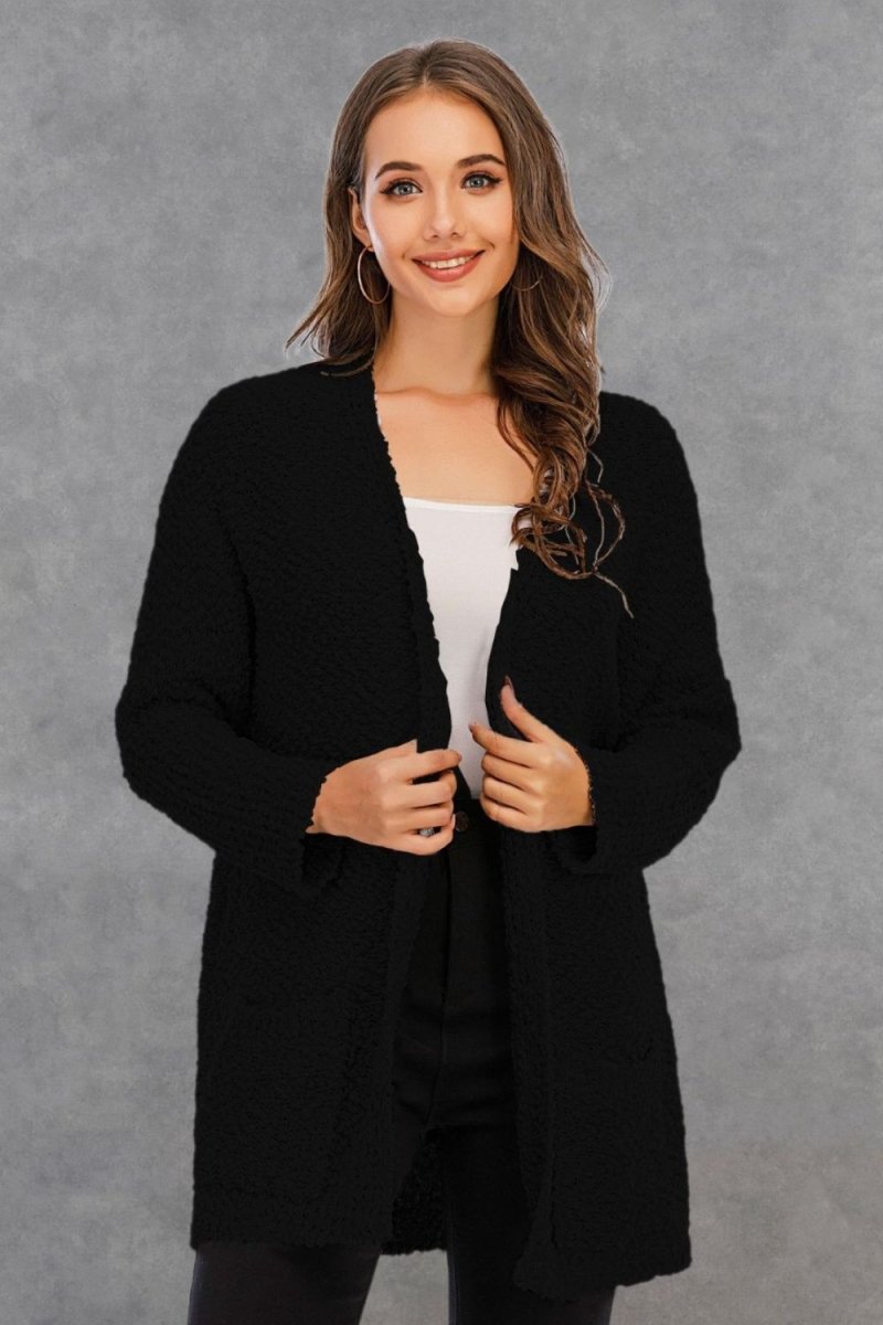 Angel Wings Pocketed Open Front Long Sleeve Cardigan - Outerwear