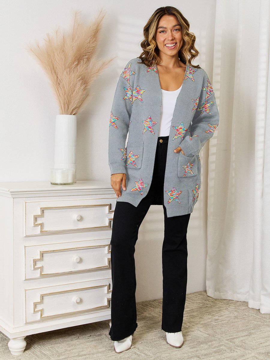 Angel Wings Star Pattern Open Front Cardigan with Pockets - Outerwear