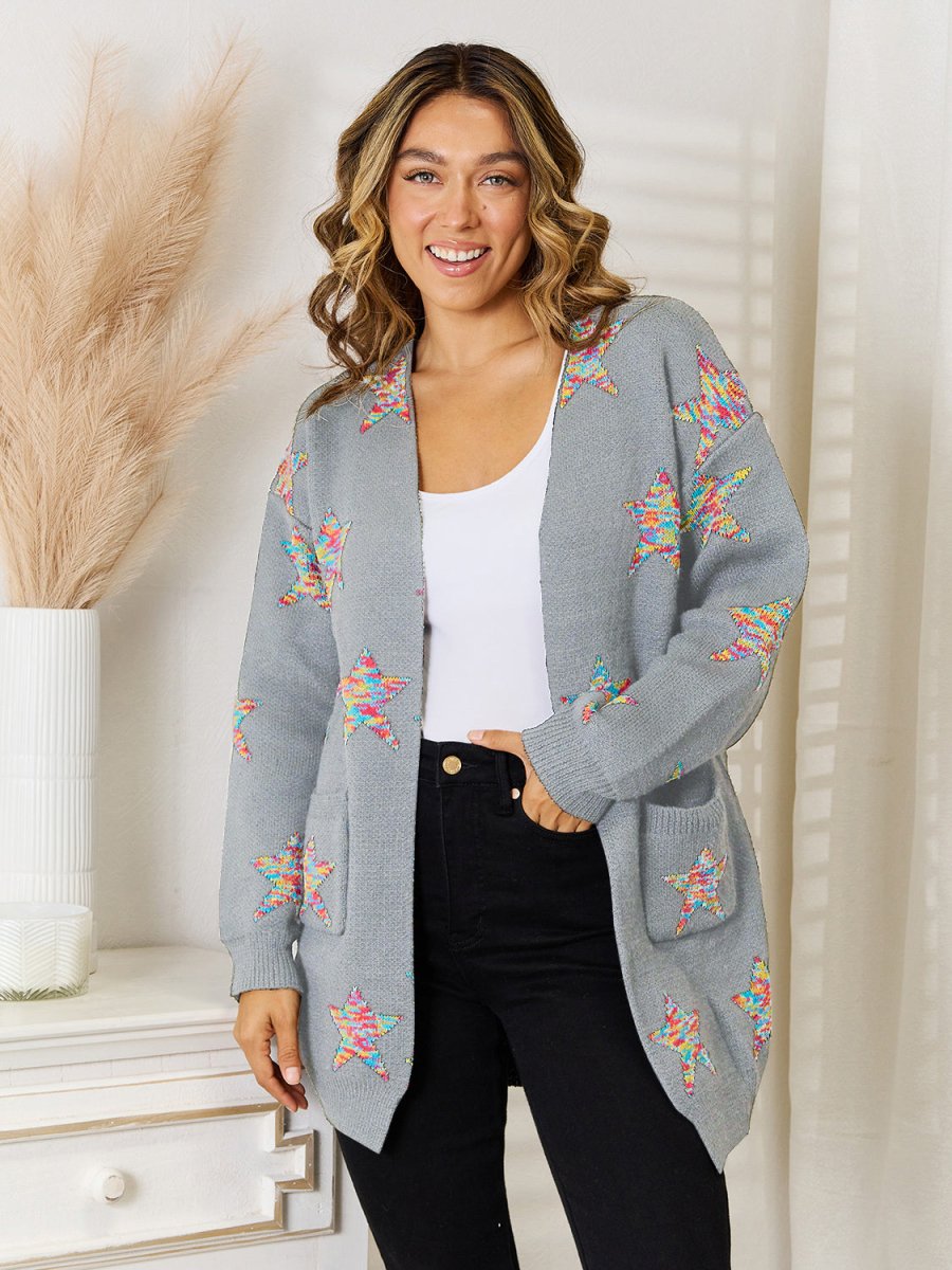 Angel Wings Star Pattern Open Front Cardigan with Pockets - Outerwear