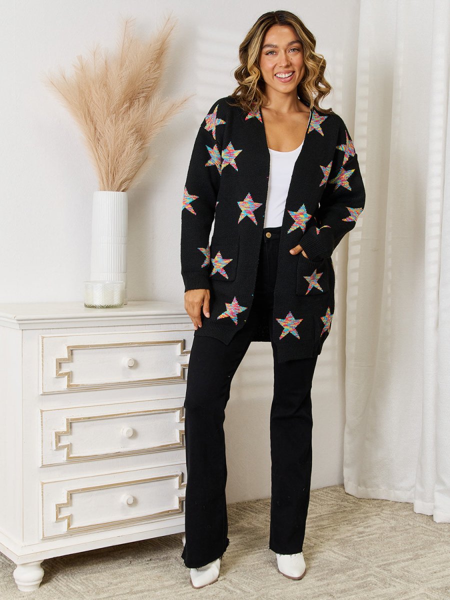 Angel Wings Star Pattern Open Front Cardigan with Pockets - Outerwear
