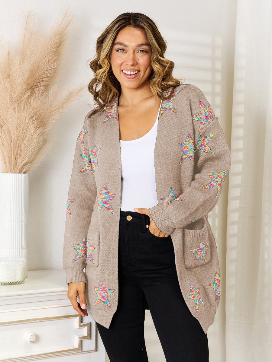 Angel Wings Star Pattern Open Front Cardigan with Pockets - Outerwear