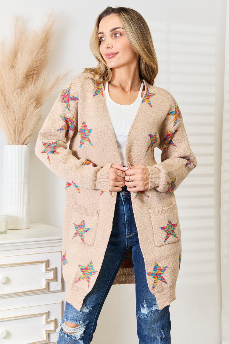 Angel Wings Star Pattern Open Front Longline Cardigan - Outerwear
