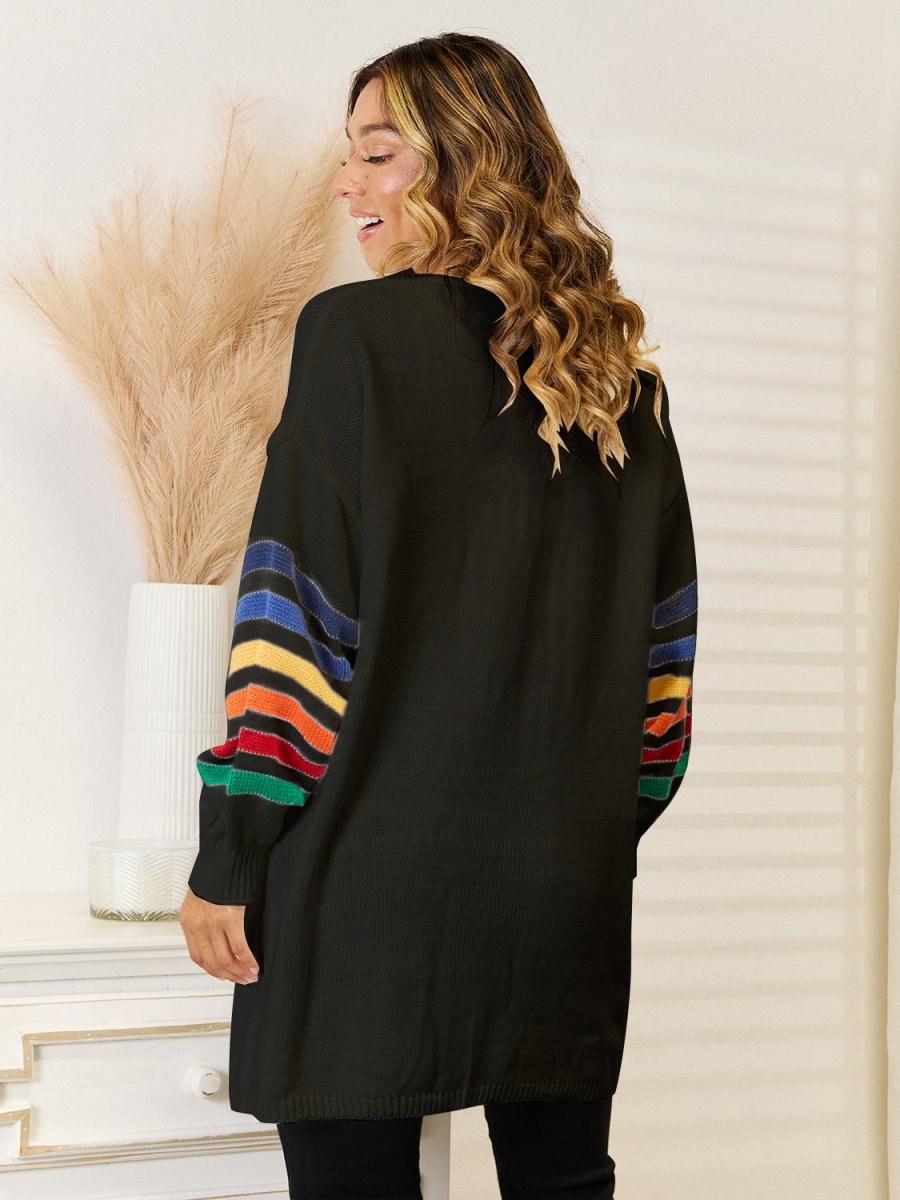 Angel Wings Striped Open Front Dropped Shoulder Cardigan - Outerwear