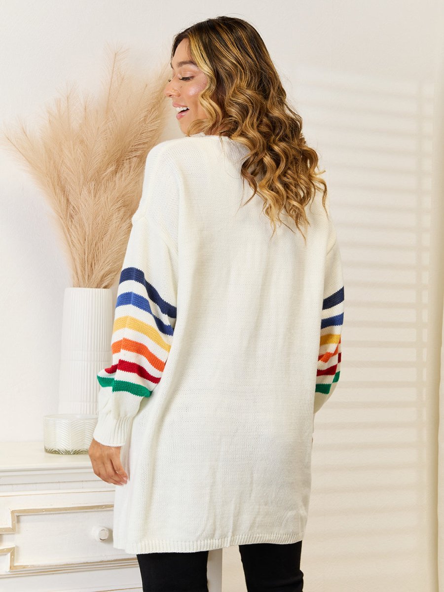 Angel Wings Striped Open Front Dropped Shoulder Cardigan - Outerwear