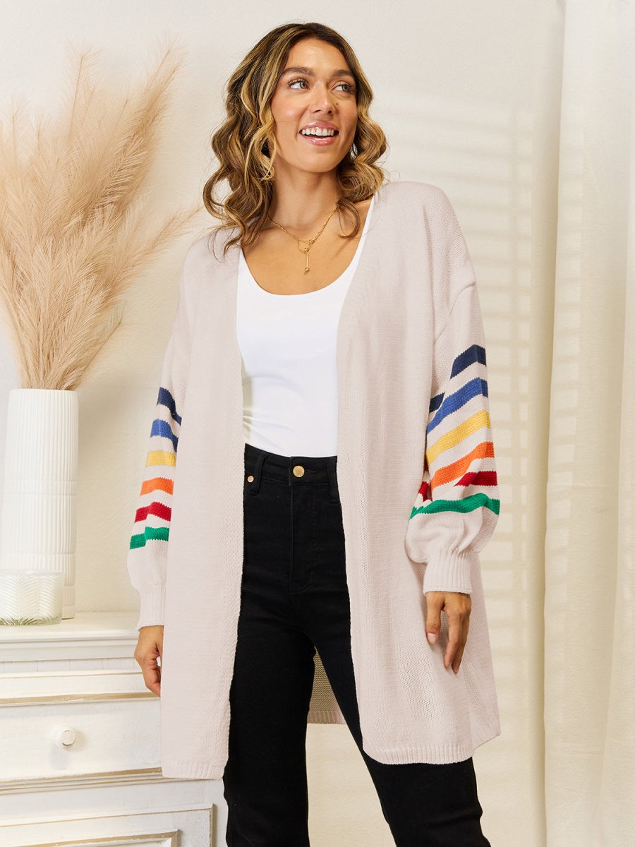Angel Wings Striped Open Front Dropped Shoulder Cardigan - Outerwear