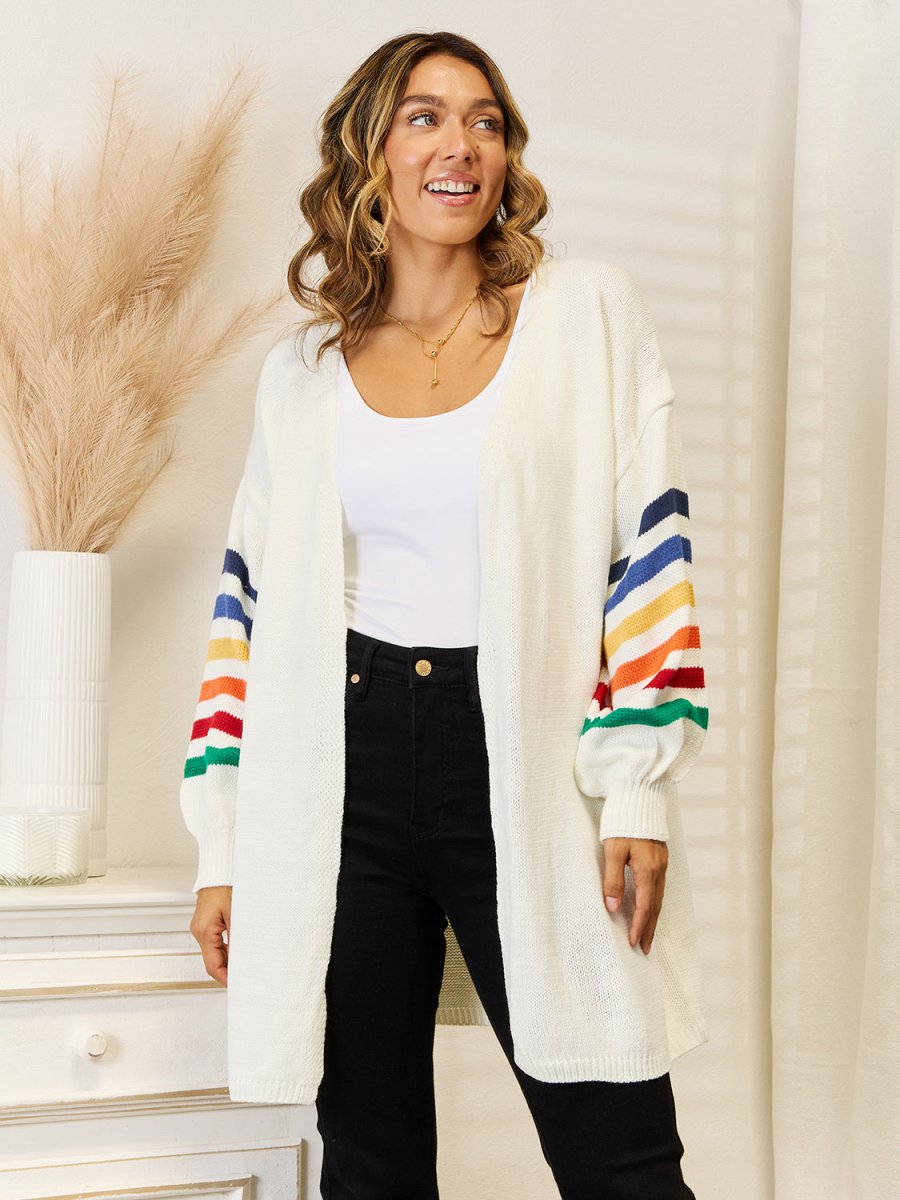 Angel Wings Striped Open Front Dropped Shoulder Cardigan - Outerwear
