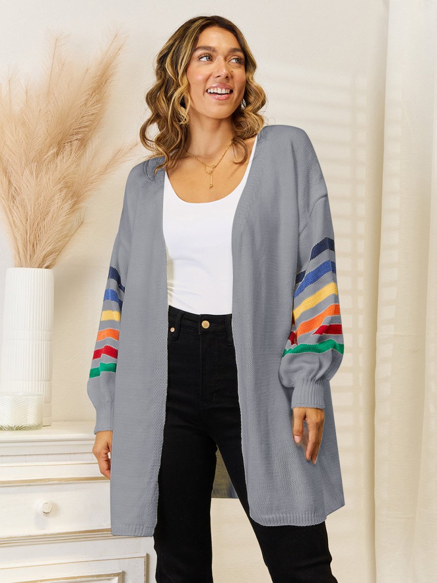 Angel Wings Striped Open Front Dropped Shoulder Cardigan - Outerwear