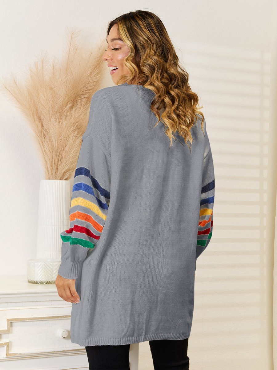 Angel Wings Striped Open Front Dropped Shoulder Cardigan - Outerwear