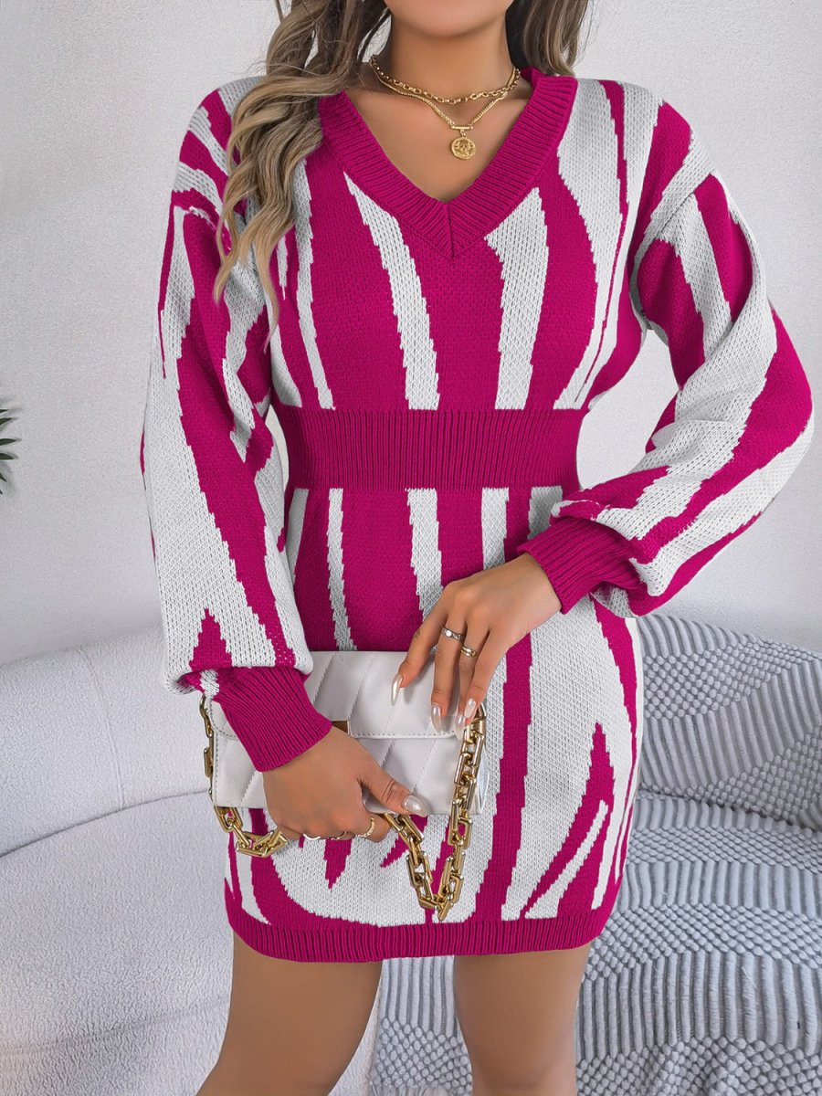 Animal Print V - Neck Long Sleeve Sweater Dress - Sweater Dress