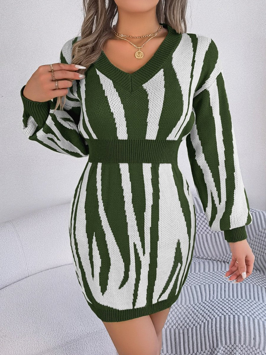 Animal Print V - Neck Long Sleeve Sweater Dress - Sweater Dress