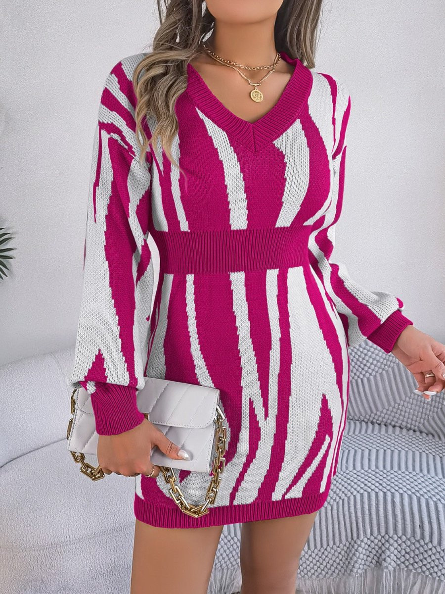 Animal Print V - Neck Long Sleeve Sweater Dress - Sweater Dress
