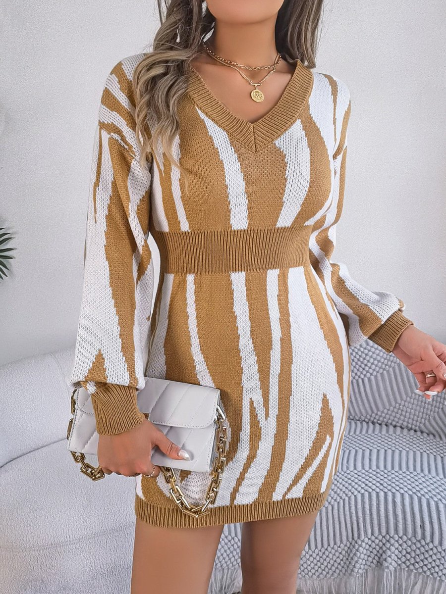 Animal Print V - Neck Long Sleeve Sweater Dress - Sweater Dress