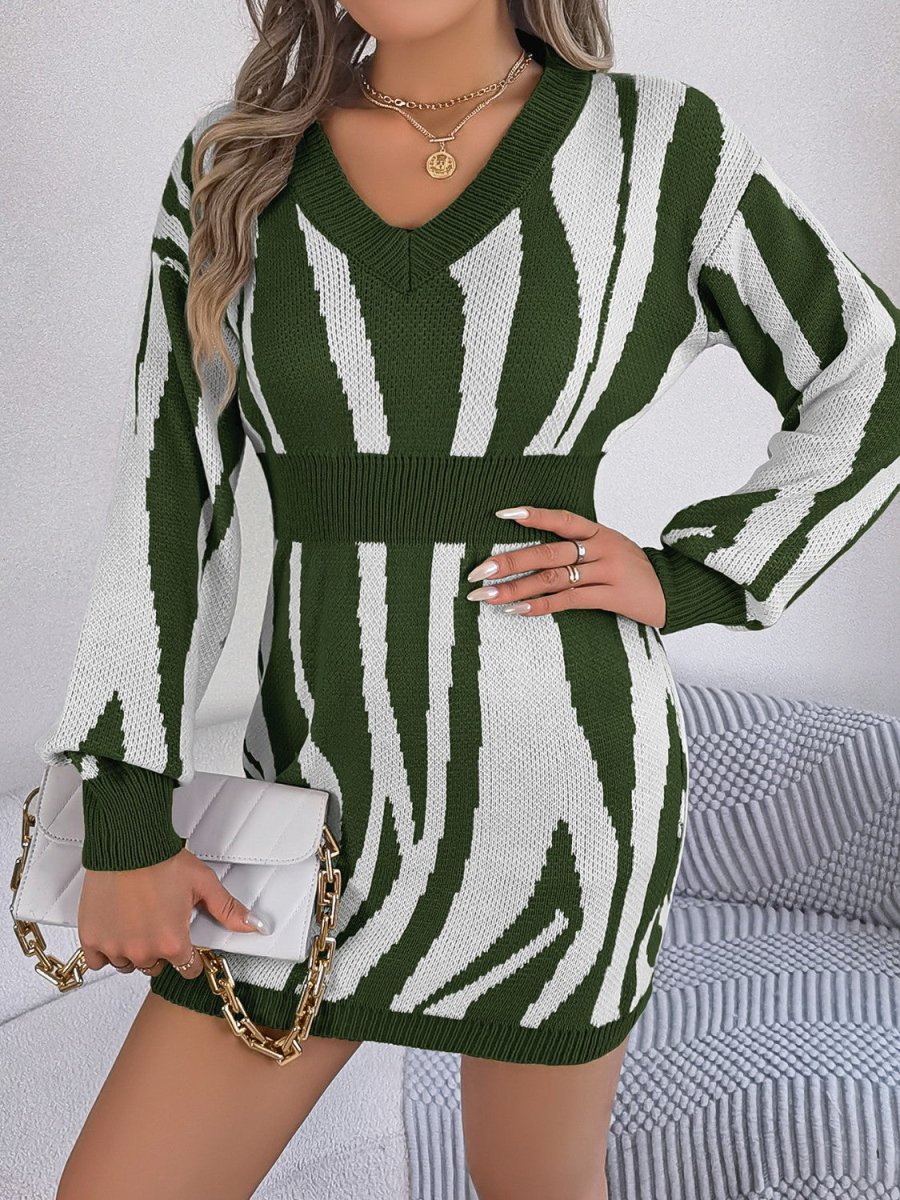 Animal Print V - Neck Long Sleeve Sweater Dress - Sweater Dress