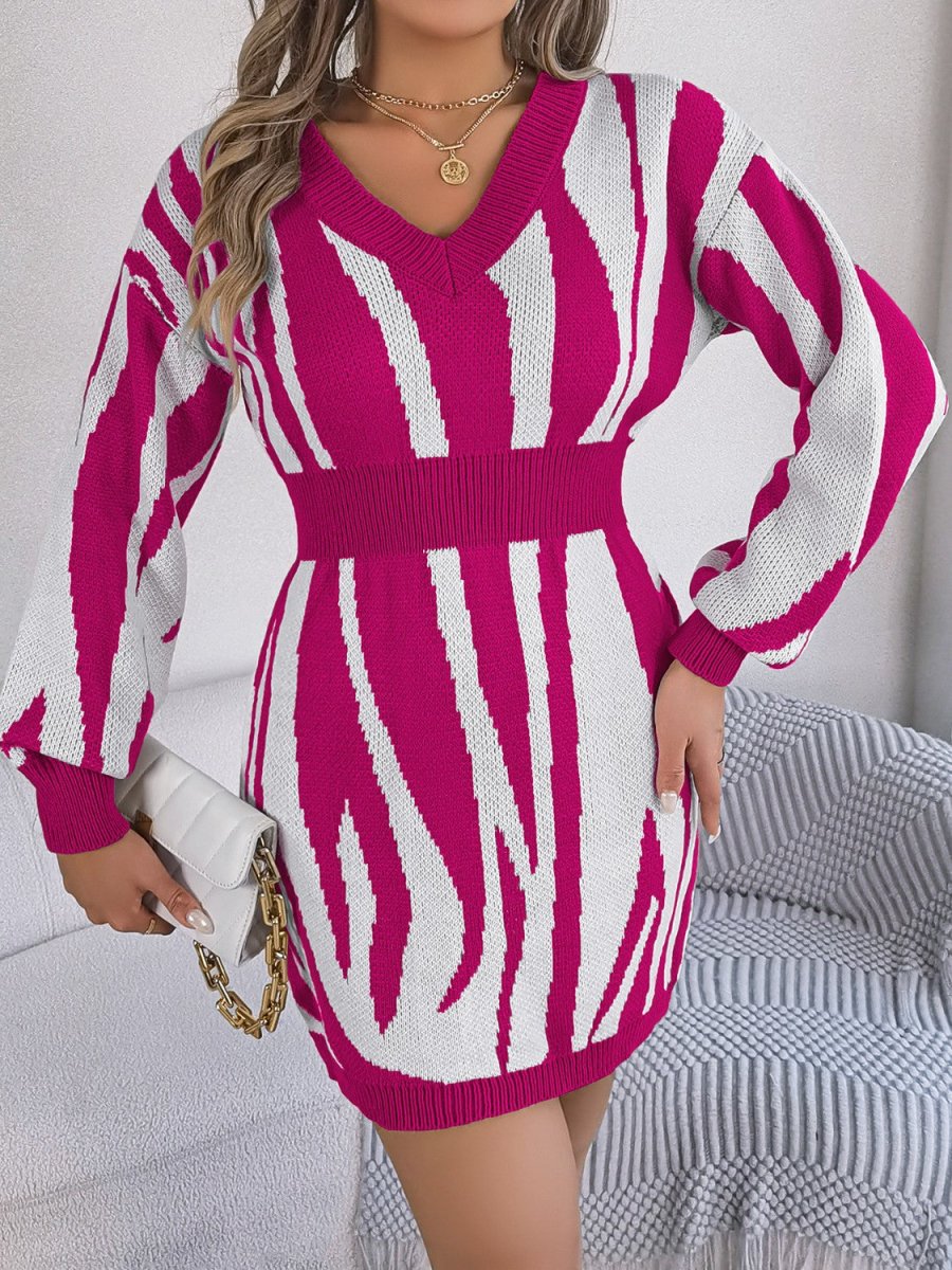 Animal Print V - Neck Long Sleeve Sweater Dress - Sweater Dress