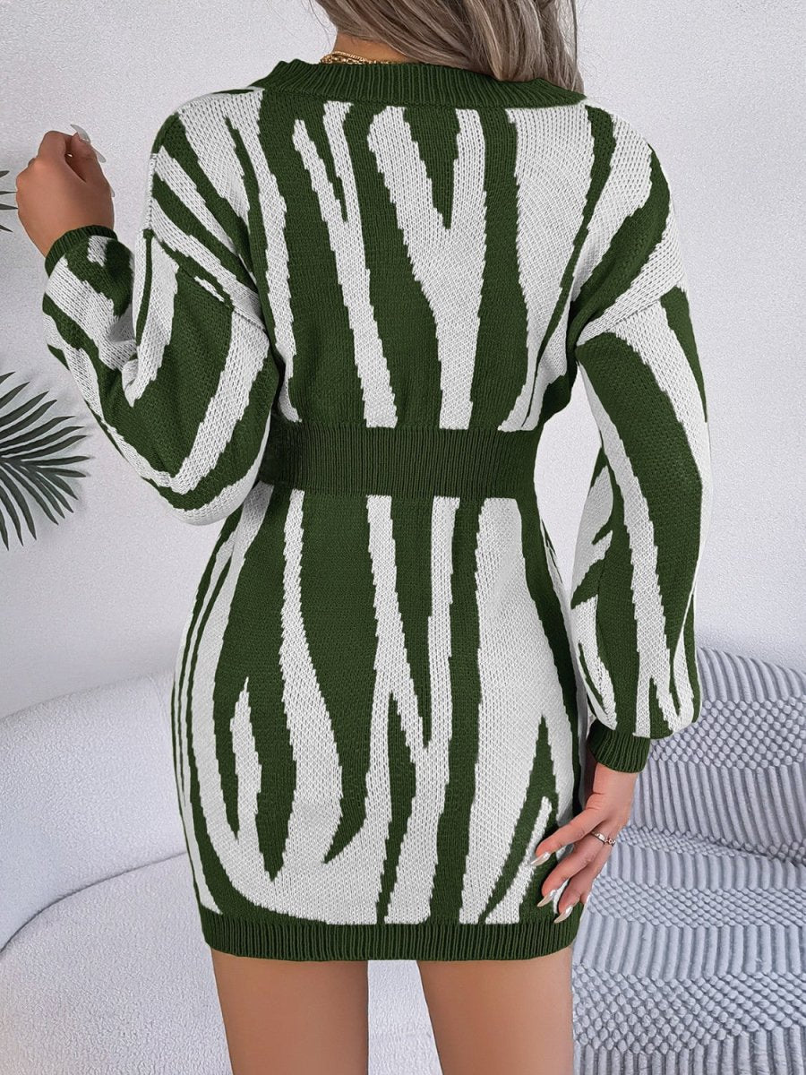 Animal Print V - Neck Long Sleeve Sweater Dress - Sweater Dress